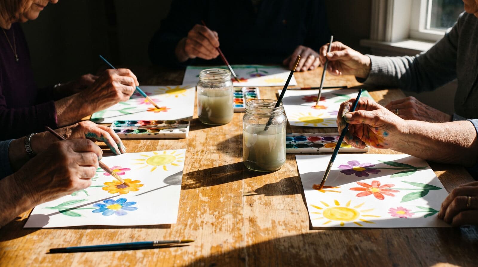 Hands painting flowers and suns in watercolour around a shared table