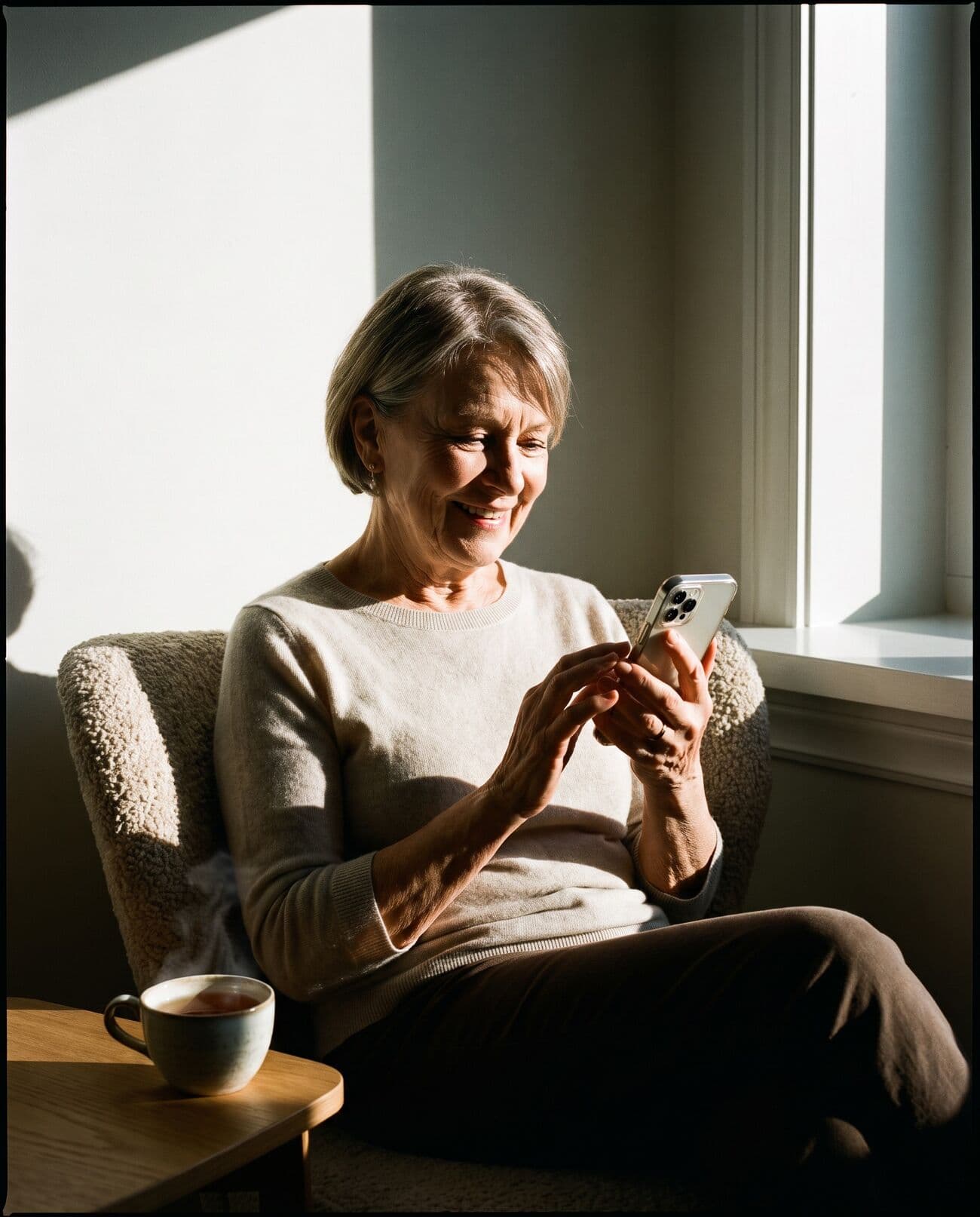 A woman in an armchair smiling at her phone, with a cup of tea beside her